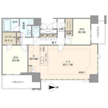 専有面積９１．２４㎡　２LDK (間取)